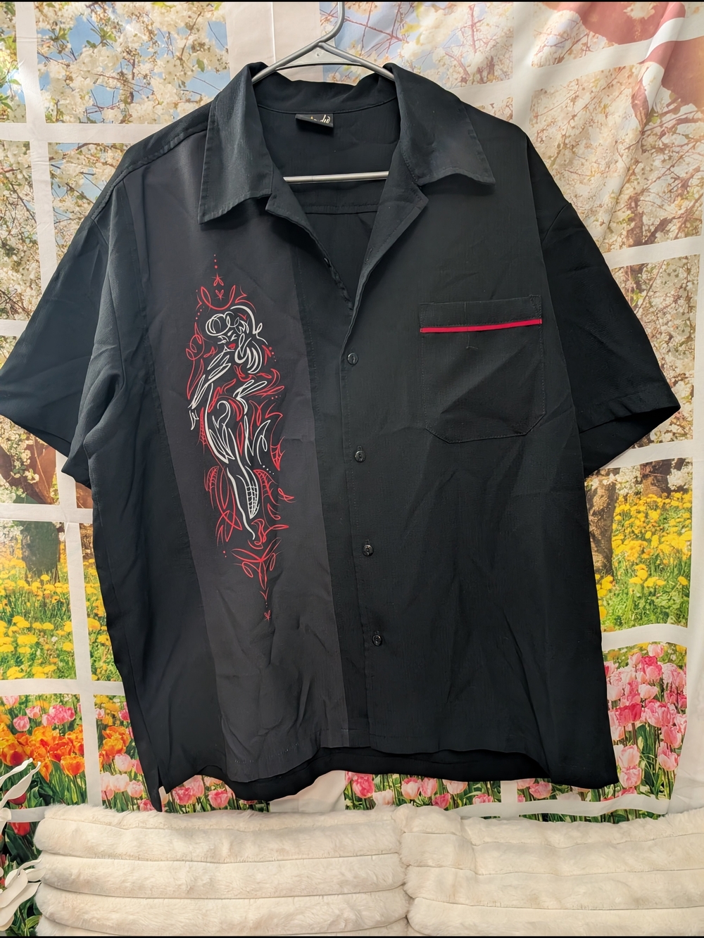 Men's Black Short-Sleeve Button-Down Shirt with Red Graphic Accent